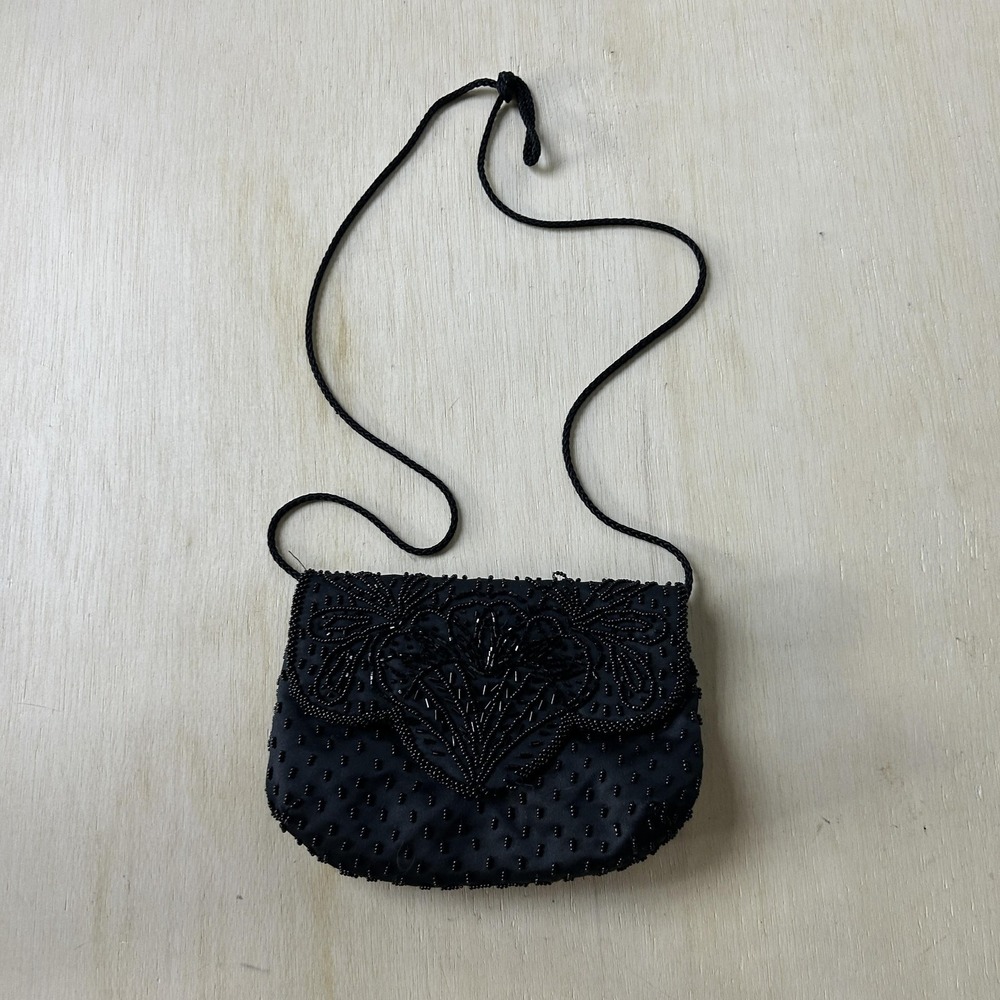Jenny Buchanan Crossbody Bag Womens Small Black Satin Beaded Evening Purse
